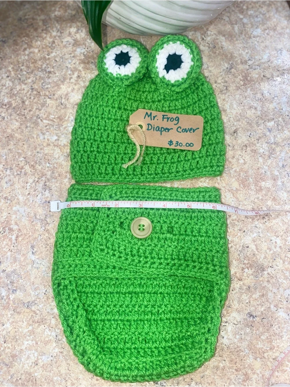 Handmade Green Frog Crochet Baby Diaper Cover and Hat Set-Large